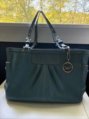 Coach Blue Leather Tote with Silver Coach Charm